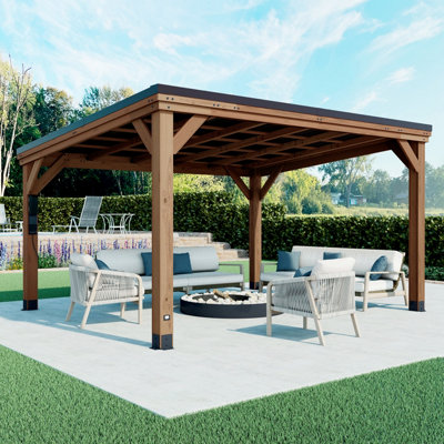 Backyard Discovery Arcadia Pitched Roof Cedar Wood Outdoor Patio Gazebo With Powerport 4.4M X 3.7M (14Ft X 12Ft) from B&Q