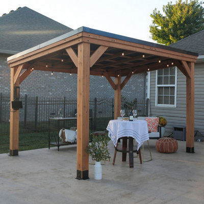 Backyard Discovery Arcadia Pitched Roof Cedar Wood Outdoor Patio Gazebo With Powerport 3.7M X 2.9M (12Ft X 9.5Ft) from B&Q