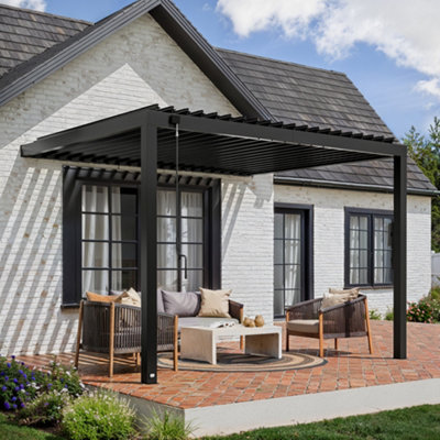 Backyard Discovery Evanston Wall Mounted Louvered Steel Outdoor Patio Pergola With Powerport 3.6M X 3.1M (12Ft X 10Ft) from B&Q