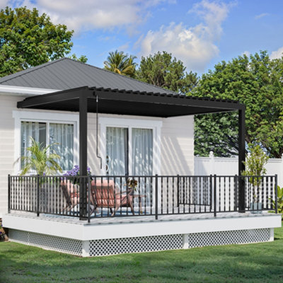 Backyard Discovery Evanston Wall Mounted Louvered Steel Outdoor Patio Pergola With Powerport 4.3M X 3M (14Ft X 10Ft) from B&Q