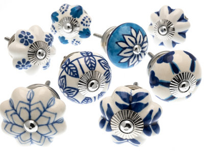 Cupboard Knobs Mixed Set Of Hand-Painted Blues Ceramic Cupboard Knobs X Pack 8 By Mango Tree