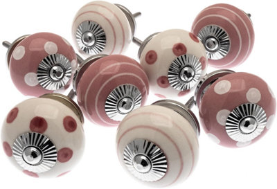 Mango Tree Cupboard Knobs Decorative Pastel Pink And White With DotsSpots And Stripes Ceramic Door And Drawer Handles Set Of 8