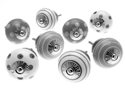 Cupboard Knobs Decorative Whisper Grey And White With DotsSpots And Stripes Set Of 8 By Mango Tree