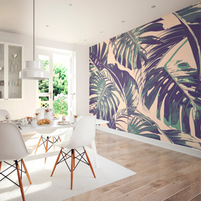 Origin Murals Large Palm Leaves Pink & Green Matt Smooth Paste The Wall Mural 300Cm Wide X 240Cm High from B&Q