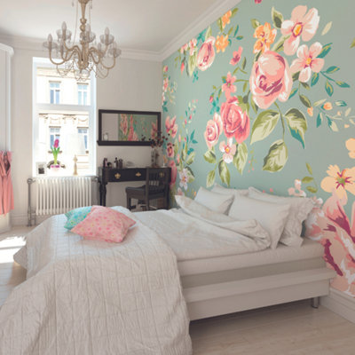 Origin Murals Flowers On A Duck Egg Blue Background Matt Smooth Paste The Wall Mural 350Cm Wide X 280Cm High from B&Q