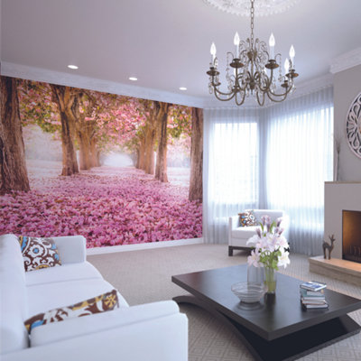 Origin Murals Pink Blossom Flowers On A Pathway Of Trees Matt Smooth Paste The Wall Mural 350Cm Wide X 280Cm High from B&Q