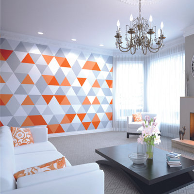 Origin Murals Geometric OrangeWhite & Grey Triangle Matt Smooth Paste The Wall Mural 300Cm Wide X 240 Cm High from B&Q