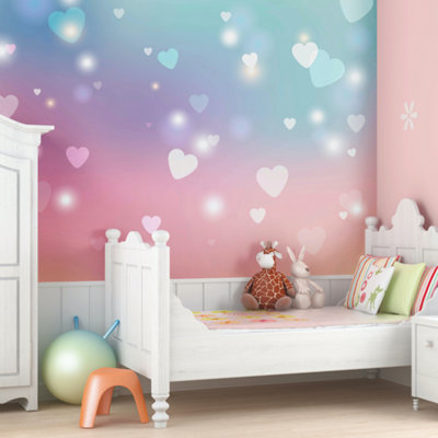 Origin Murals Dreamy White Love Hearts On A Pink & Blue Background Matt Smooth Paste The Wall Mural 350Cm Wide X 280Cm High from B&Q