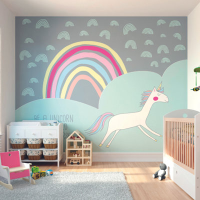Origin Murals Rainbow And Unicorn Green & Grey Matt Smooth Paste The Wall Mural 350Cm Wide X 280Cm High from B&Q