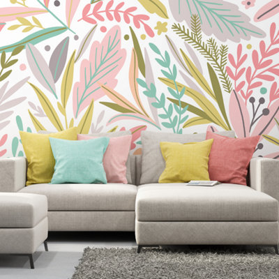 Origin Murals Tropical Patterned Leaves Green & Pink Matt Smooth Paste The Wall Mural 350Cm Wide X 280Cm High from B&Q