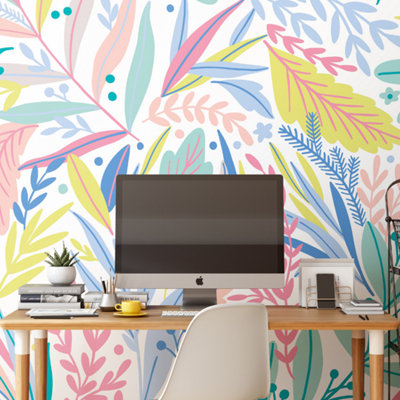 Origin Murals Tropical Patterned Leaves Pastel Matt Smooth Paste The Wall Mural 350Cm Wide X 280Cm High from B&Q