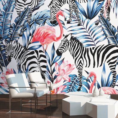 Origin Murals Zebra & Flamingo Animal Matt Smooth Paste The Wall Mural 350Cm Wide X 280Cm High from B&Q