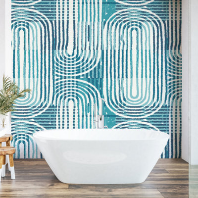 B&Q -  Curved Line Texture Blue Matt Smooth Paste The Wall 300Cm Wide X 240Cm High