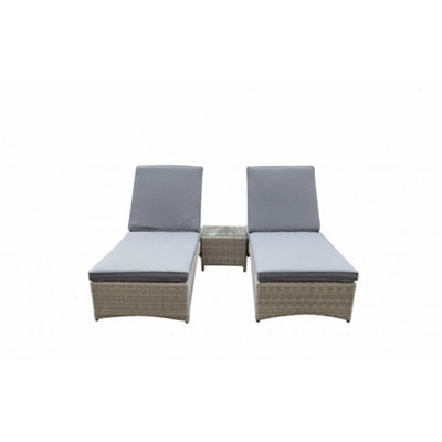 Signature Weave Meghan Wicker 2 X Sun Lounger Bed Chair Set & Drinks Table Grey from B&Q