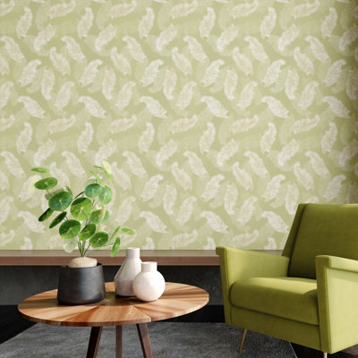 Hoopla Walls Olive Green Feathers Smooth Matt Wallpaper from B&Q