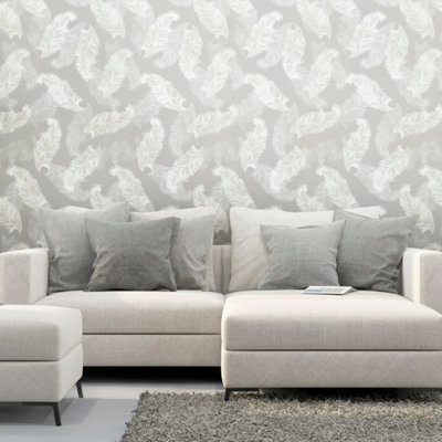Hoopla Walls Grey Feathers Smooth Matt Wallpaper from B&Q