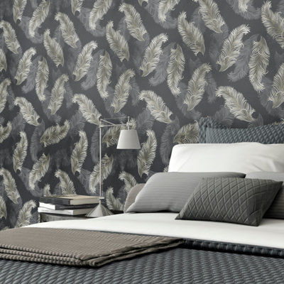 Hoopla Walls Black Feathers Smooth Matt Wallpaper from B&Q