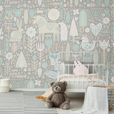 Origin Murals Scandi Forest Animals Grey Matt Smooth Paste The Wall Mural 300Cm Wide X 240Cm High from B&Q