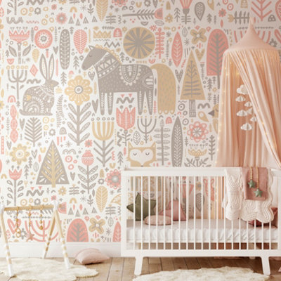 Origin Murals Scandi Forest Animals Blush Pink & Grey Paste The Wall Mural 300Cm Wide X 240Cm High from B&Q