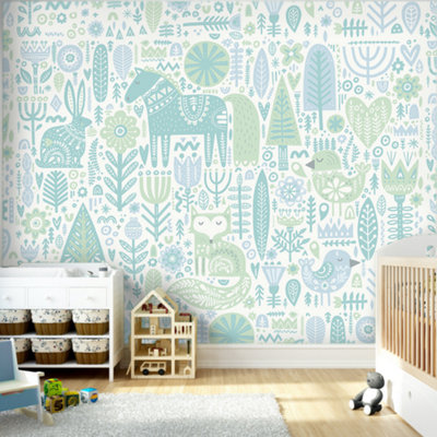 Origin Murals Scandi Forest Animals Blue Matt Smooth Paste The Wall 300Cm Wide X 240Cm High from B&Q