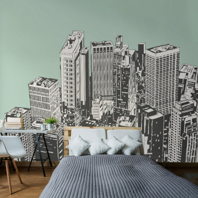 Origin Murals Urban City Skyscrapers Mint Green Paste The Wall Mural 350Cm Wide X 280Cm High from B&Q