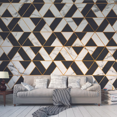B&Q -  Marbled Textured Geometric White Matt Smooth Paste The Wall Mural 300Cm Wide X 240Cm High