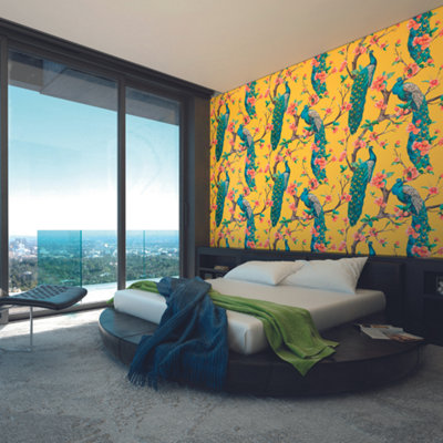 B&Q -  Flowery Peacocks Yellow Matt Smooth Paste The Wall Mural 300Cm Wide X 240Cm High
