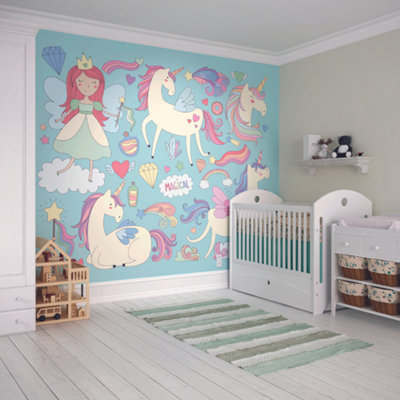 Origin Murals Princess Unicorn Blue Matt Smooth Paste The Wall Mural 300Cm Wide X 240Cm High from B&Q