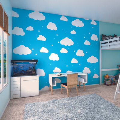 B&Q -  Cartoon Cloudy Sky Blue Matt Smooth Paste The Wall Mural 300Cm Wide X 240Cm High