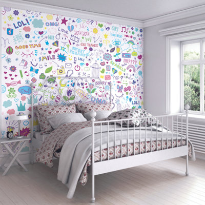 B&Q -  Social Doodle Text Purple Matt Smooth Paste The Wall Mural 350Cm Wide X 280Cm High