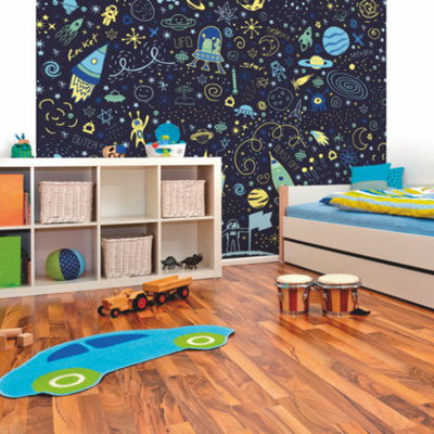 B&Q -  Space Doodle Text Navy Blue Matt Smooth Paste The Wall Mural 350Cm Wide X 280Cm High