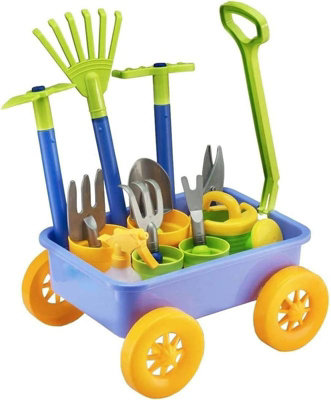 Deao Toys Pull Along Kids Wagon Wheelbarrow And Gardening Tools Play Set Includes 10 Accessories And 4 Plant Pots from B&Q