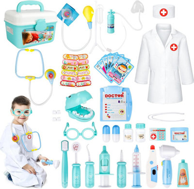 DeAO Toys Kids Role Play Dentist Surgeon Vet Medical 30 Pcs Kit Light And Sound Electronic Stethoscope Lab Coat Cap Play Medical Equipment