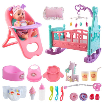 Deao Toys My First Baby Doll Play Set Includes Miniature CribHigh ChairFeeding Accessories21 Pieces Toy Play Set (Baby Doll Included) from B&Q