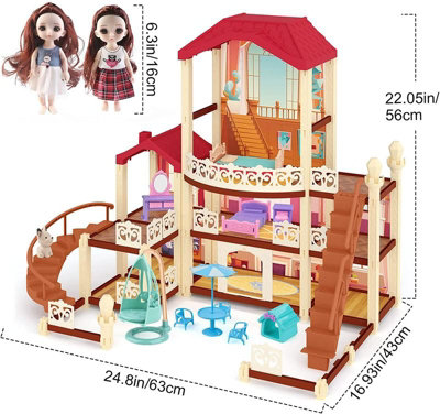 DeAO Toys Dream Dolls House Playset For Kids 3-Story Castle Dollhouse 2 Dolls Toy Figures 14 Pcs Furniture Accessories Multiple Assembly Toy