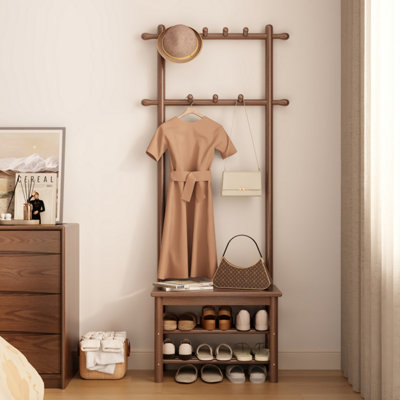 B&Q -  Stylish Solid Wood Clothes Rail With Shoe Bench And 2-Tier Storage Shelves Walnut 60Cm Clothes Rack Coat Rack