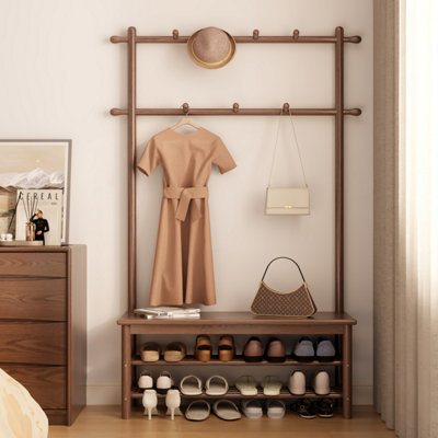 B&Q -  Stylish Solid Wood Clothes Rail With Shoe Bench And 2-Tier Storage Shelves Walnut 100Cm Clothes Rack Coat Rack