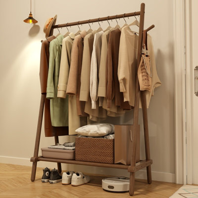 B&Q -  Mobile Solid Wood Clothes Rack With Hanging Rod And Storage Shelves Walnut 100Cm Clothes Rail Coat Rack