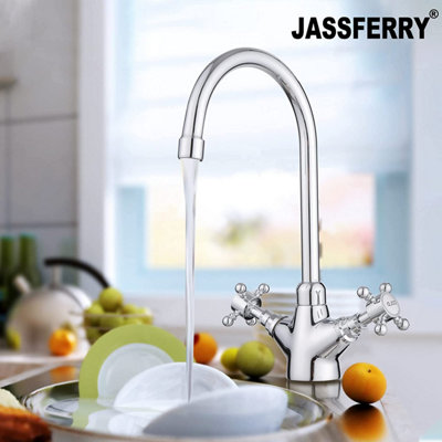 Jassferry Kitchen Mixer Tap Monobloc Brass Two Crosshead Lever Swivel Spout Chrome from B&Q