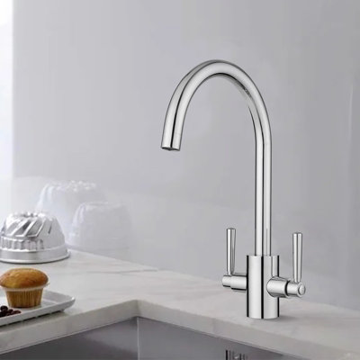 B&Q -  Swan Neck Kitchen Mixer Tap Two Levers Quarter Turn Handle Chrome