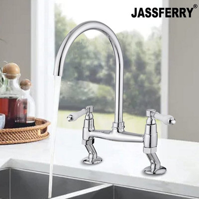 Jassferry Traditional Kithcen Bridge Mixer Tap 2 White Ceramic Lever Chrome from B&Q