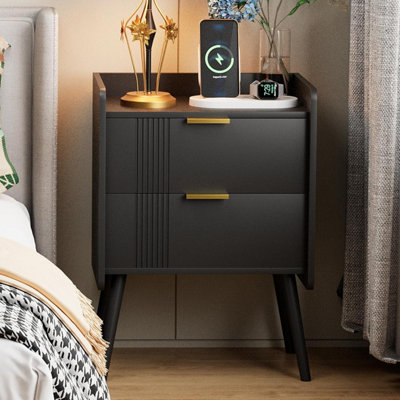 Huhote Sleek Wooden Bedside Table With 2 Drawers And Storage Black 16.3 X 11.8 X 22.8 In Nightstand Bedside Cabinet