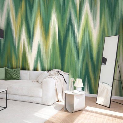 Origin Murals Ikat Zig ZagForest Green Matt Smooth Paste The Wall Mural 300Cm Wide X 240Cm High from B&Q