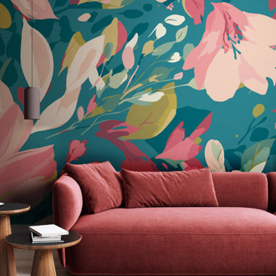 Origin Murals Flowing FlowersTeal Blue And Coral Matt Smooth Paste The Wall Mural 350Cm Wide X 280Cm High from B&Q