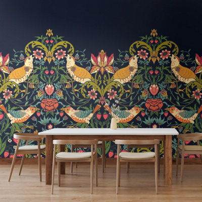 Origin Murals BirdsFruit And FoliageNavy And Coral Matt Smooth Paste The Wall Mural 350Cm Wide X 280Cm High from B&Q