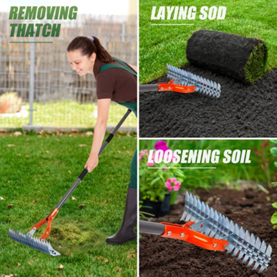 B&Q -  15 In Heavy Duty Steel Lawn Thatch Rake With Adjustable Handle For Lawn Dethatching And Soil Aeration Heavy Duty Rake