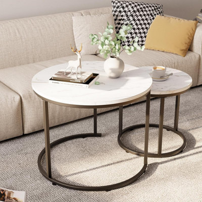 Huhote Sleek Round Coffee Table 2 Set Nesting Side Tables With Black Metal Frame End Table For Home Office Diameter 23.6/15.7 In from B&Q