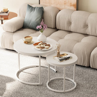 B&Q -  Stylish Nesting Coffee Tables 2 Set With Metal Frame White Top 23.6/15.7 In For Living Room Bedroom Office Side End Table