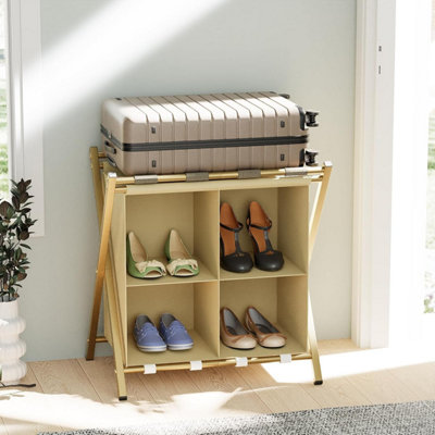 B&Q -  Sturdy Metal Luggage Rack With 2 Tiers Gold Folding Suitcase Stand With Storage For Home Bedroom Portable Luggage Racks