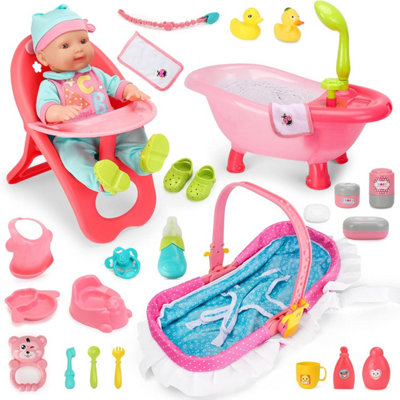 Deao Toys 14 Inch Baby Doll Play Set 25 Pcs Baby Doll Accs With High Chair Bath Crib Feeding Accs Realistic Pretend Play Baby Dolls For 3+ from B&Q